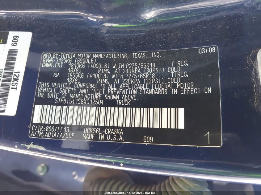 2008 Toyota Tundra Sr5 4.7L V8 VIN: 5TFBT54158X012504 Lot: 43652004