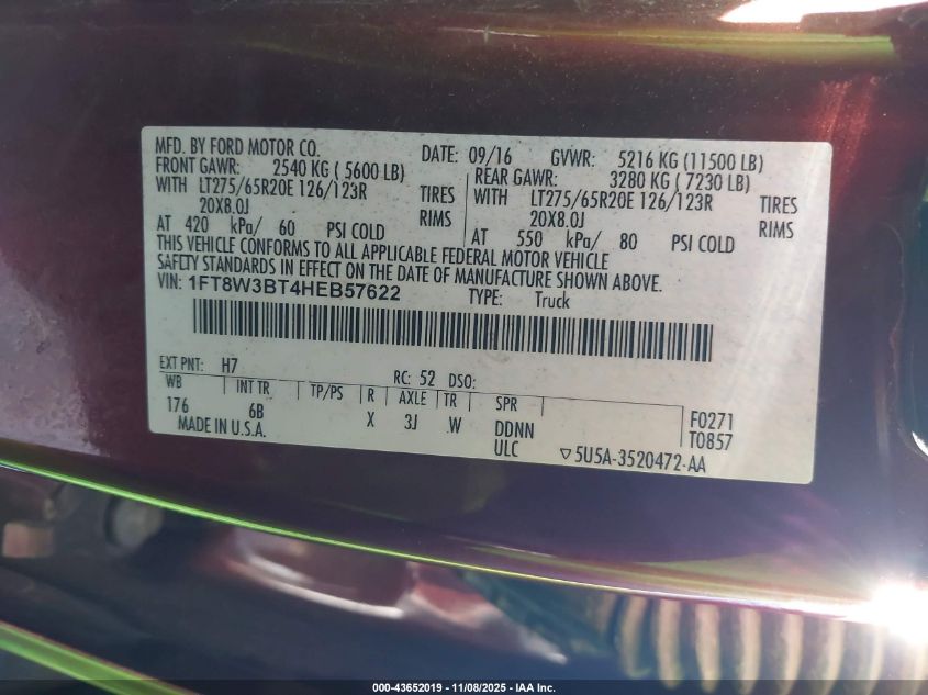 2017 Ford F-350 Lariat VIN: 1FT8W3BT4HEB57622 Lot: 43652019