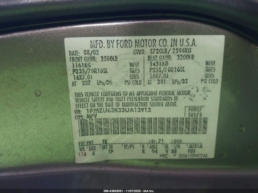 2003 Ford Explorer Nbx/Xlt VIN: 1FMZU63K33UA13913 Lot: 43652051