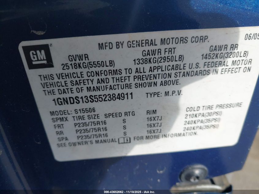 2005 Chevrolet Trailblazer Ls VIN: 1GNDS13S552384911 Lot: 43652062