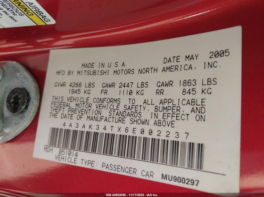 2006 Mitsubishi Eclipse Gt VIN: 4A3AK34TX6E002237 Lot: 43652080
