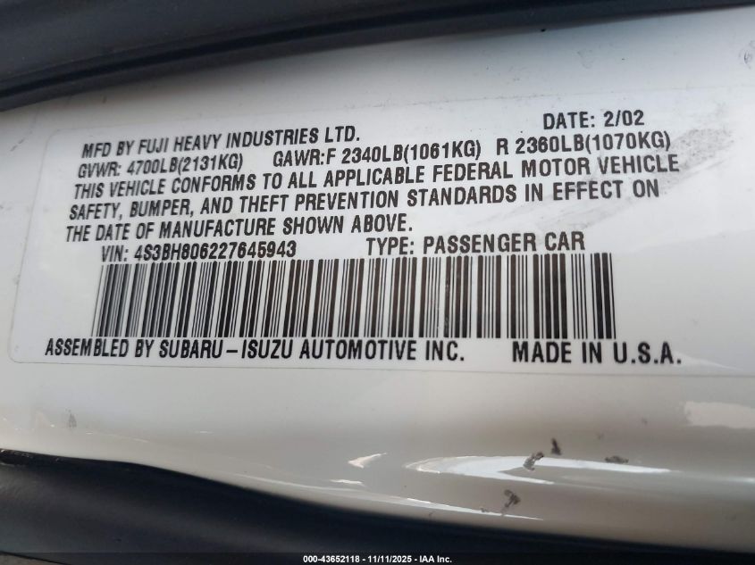 2002 Subaru Outback H6-3.0 L.l. Bean Edition VIN: 4S3BH806227645943 Lot: 43652118