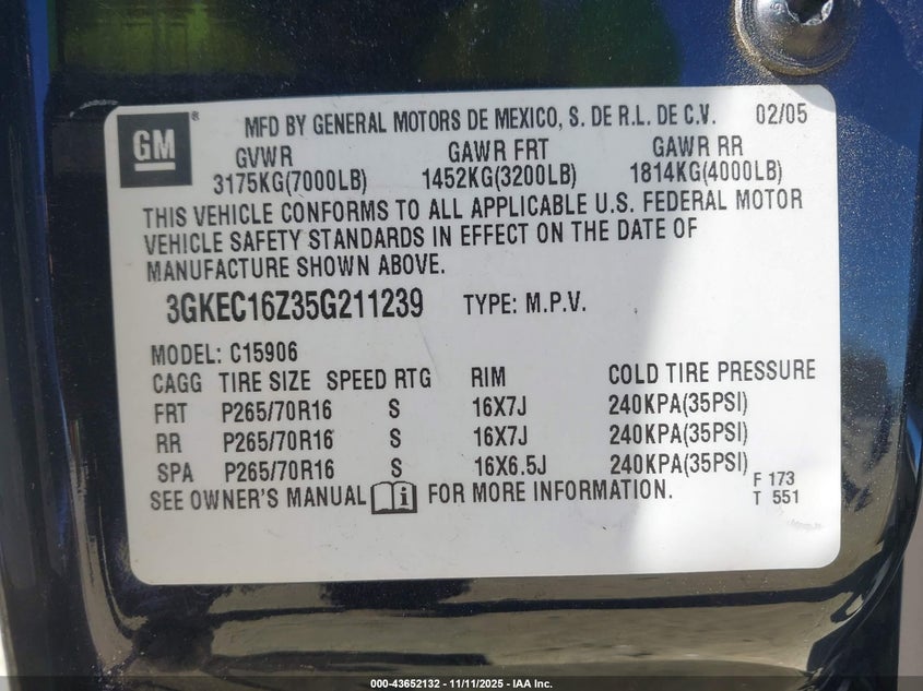 3GKEC16Z35G211239 2005 GMC YUKON photo no. 9