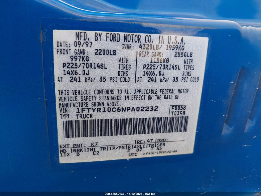 1998 Ford Ranger Splash/Xl/Xlt VIN: 1FTYR10C6WPA02232 Lot: 43652137