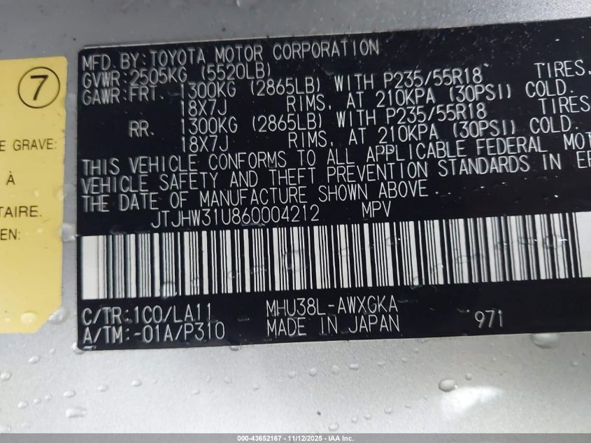 2006 Lexus Rx 400H VIN: JTJHW31U860004212 Lot: 43652167