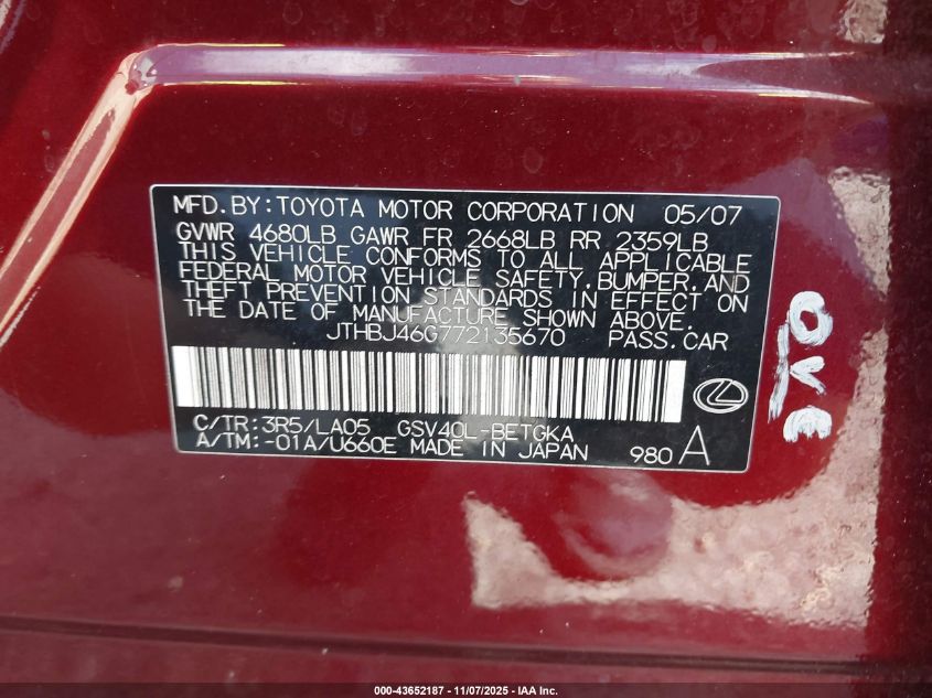 2007 Lexus Es 350 VIN: JTHBJ46G772135670 Lot: 43652187