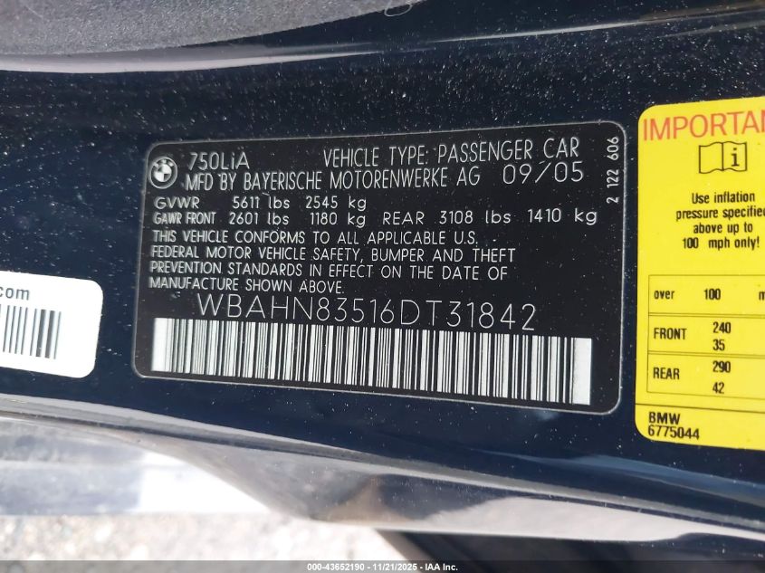 2006 BMW 750Li VIN: WBAHN83516DT31842 Lot: 43652190