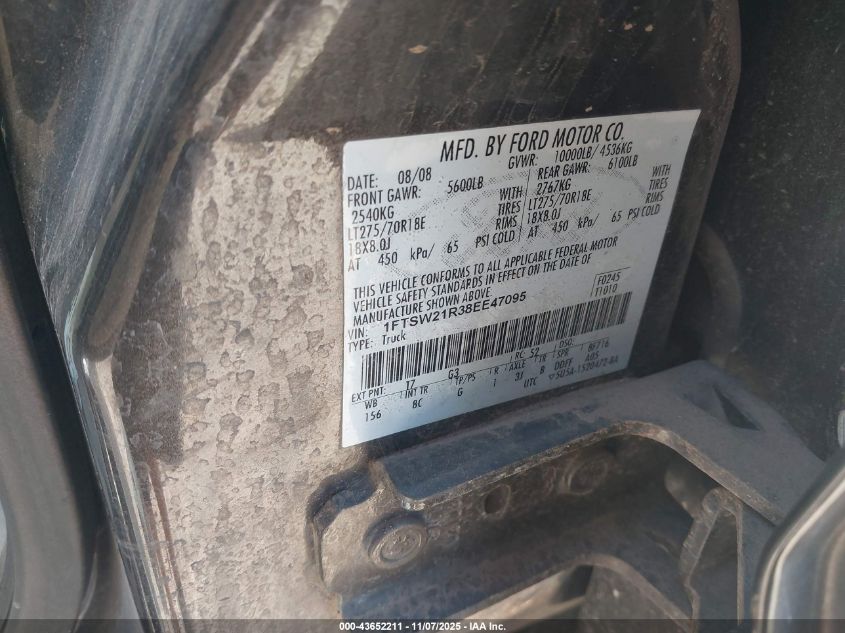 2008 Ford F-250 Fx4/Harley-Davidson/King Ranch/Lariat/Xl/Xlt VIN: 1FTSW21R38EE47095 Lot: 43652211