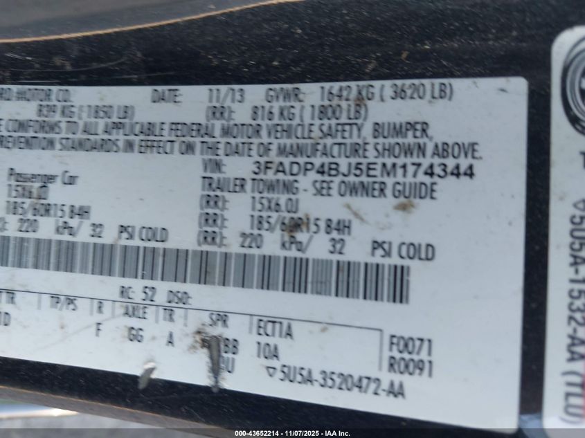 2014 Ford Fiesta Se VIN: 3FADP4BJ5EM174344 Lot: 43652214