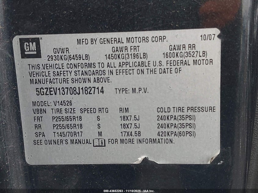 2008 Saturn Outlook Xe VIN: 5GZEV13708J182714 Lot: 43652263