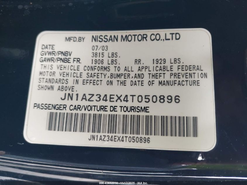 2004 Nissan 350Z Enthusiast VIN: JN1AZ34EX4T050896 Lot: 43652314