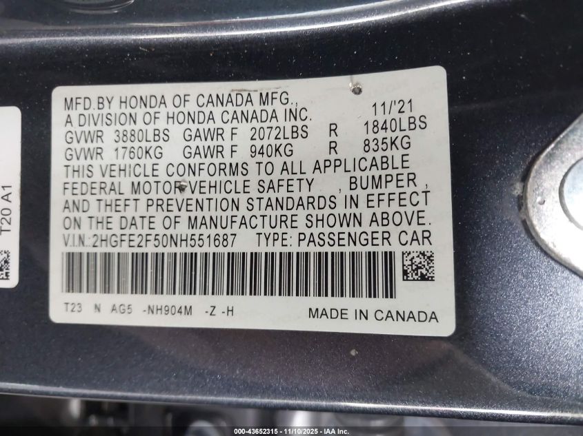 2022 Honda Civic Sport VIN: 2HGFE2F50NH551687 Lot: 43652315
