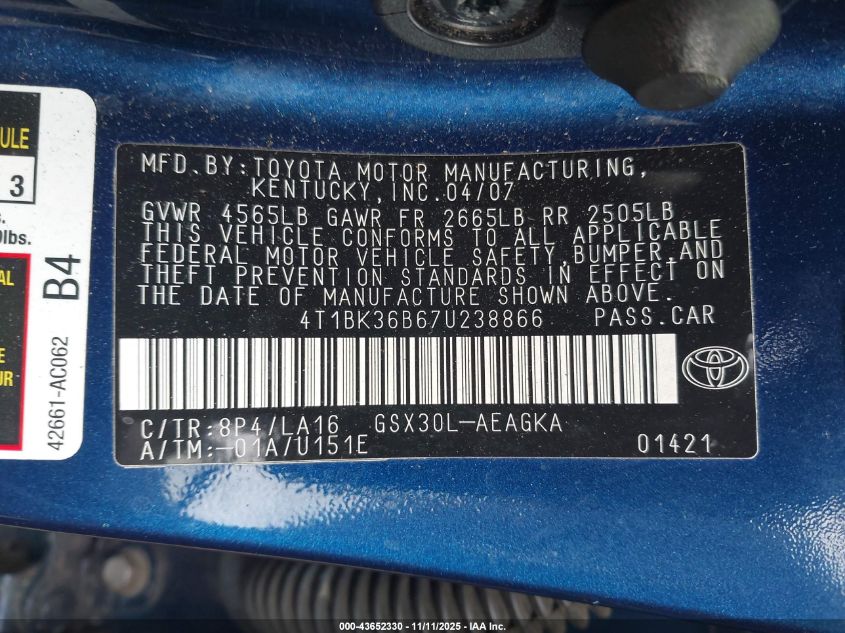 2007 Toyota Avalon Xls VIN: 4T1BK36B67U238866 Lot: 43652330