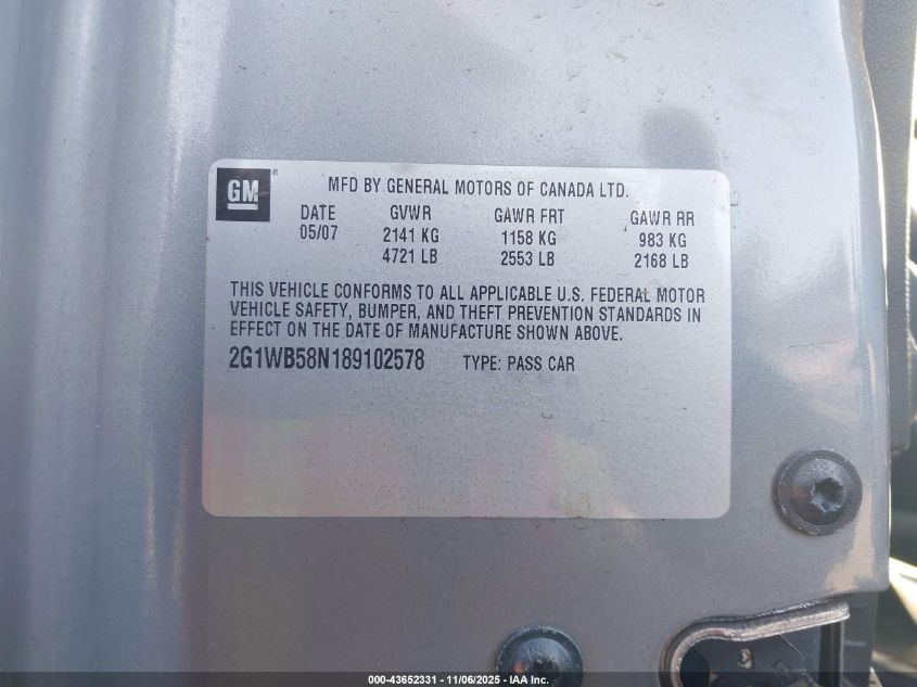 2008 Chevrolet Impala Ls VIN: 2G1WB58N189102578 Lot: 43652331