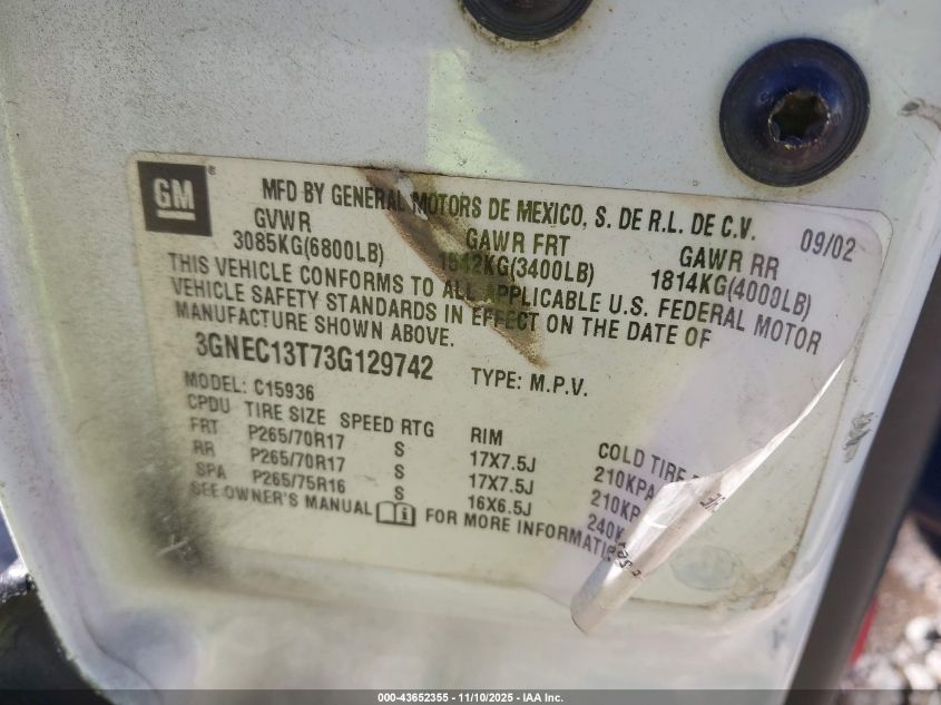 2003 Chevrolet Avalanche 1500 VIN: 3GNEC13T73G129742 Lot: 43652355