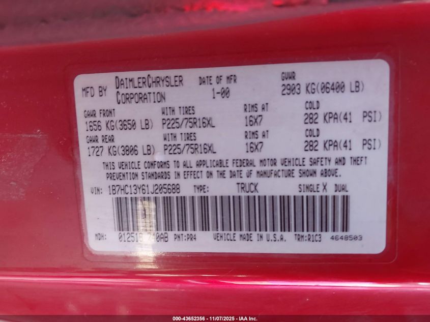 2001 Dodge Ram 1500 St VIN: 1B7HC13Y61J205688 Lot: 43652356