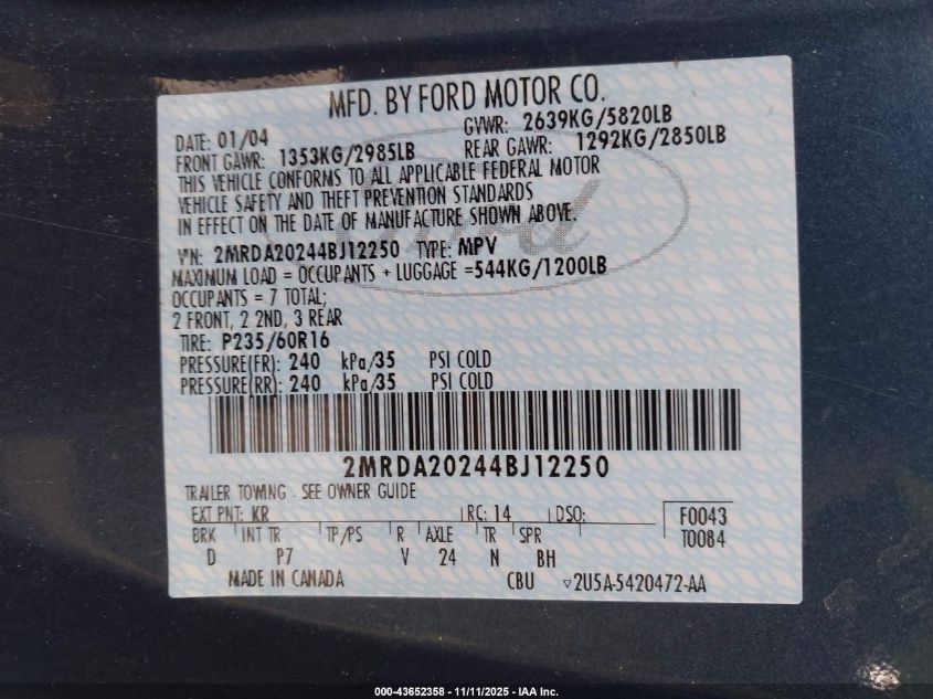 2004 Mercury Monterey VIN: 2MRDA20244BJ12250 Lot: 43652358