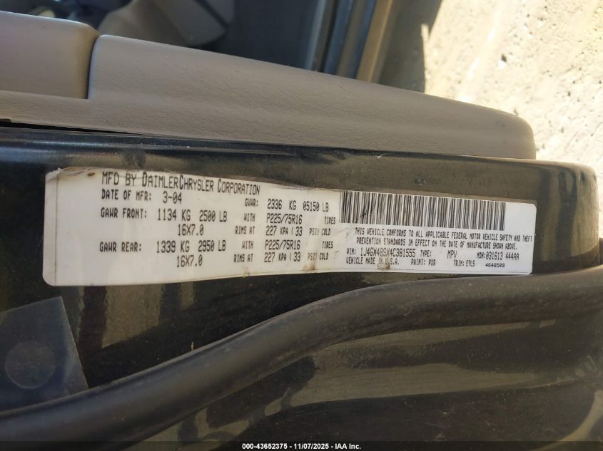 2004 Jeep Grand Cherokee Laredo VIN: 1J4GX48SX4C381555 Lot: 43652375