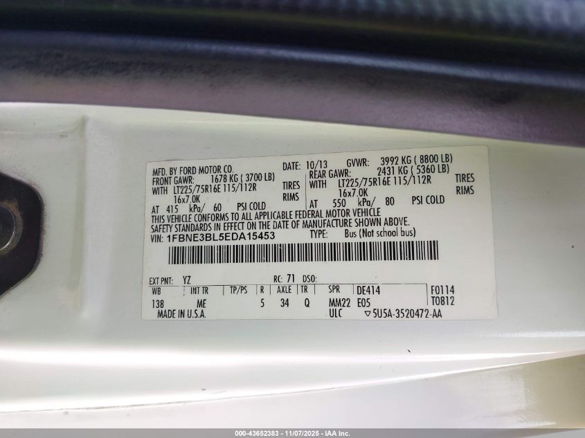 2014 Ford E-350 Super Duty Xlt VIN: 1FBNE3BL5EDA15453 Lot: 43652383