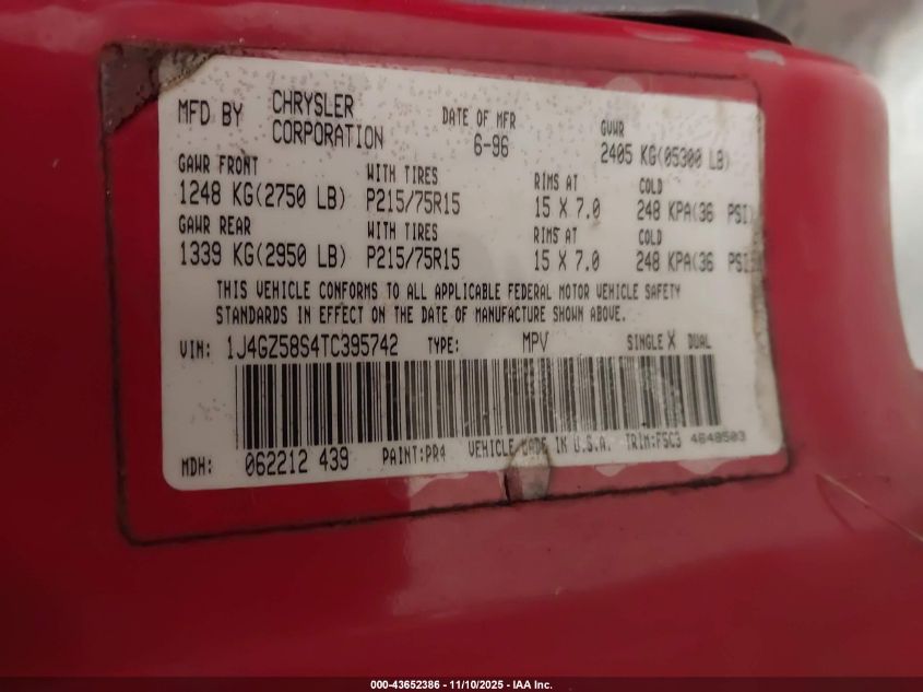 1996 Jeep Grand Cherokee Laredo VIN: 1J4GZ58S4TC395742 Lot: 43652386