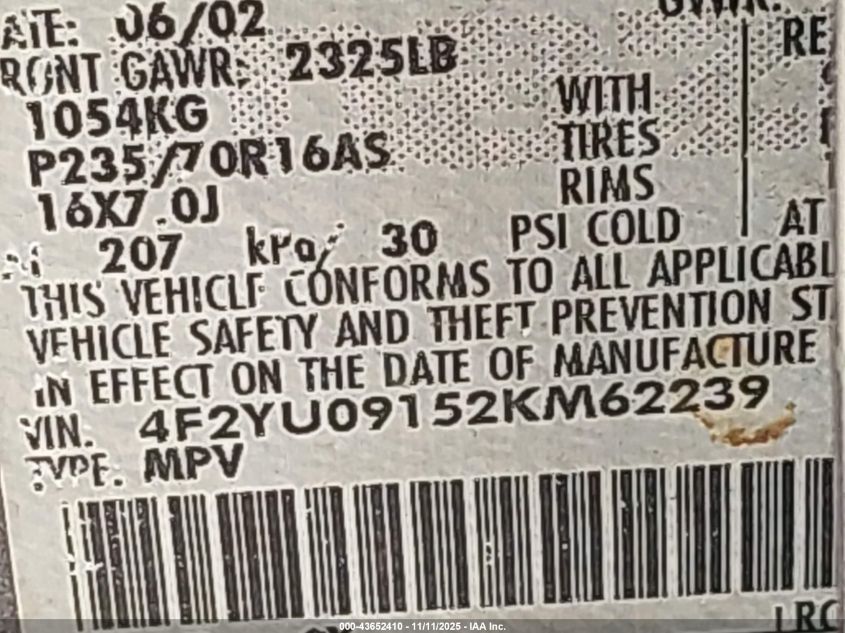 2002 Mazda Tribute Es V6/Lx V6 VIN: 4F2YU09152KM62239 Lot: 43652410