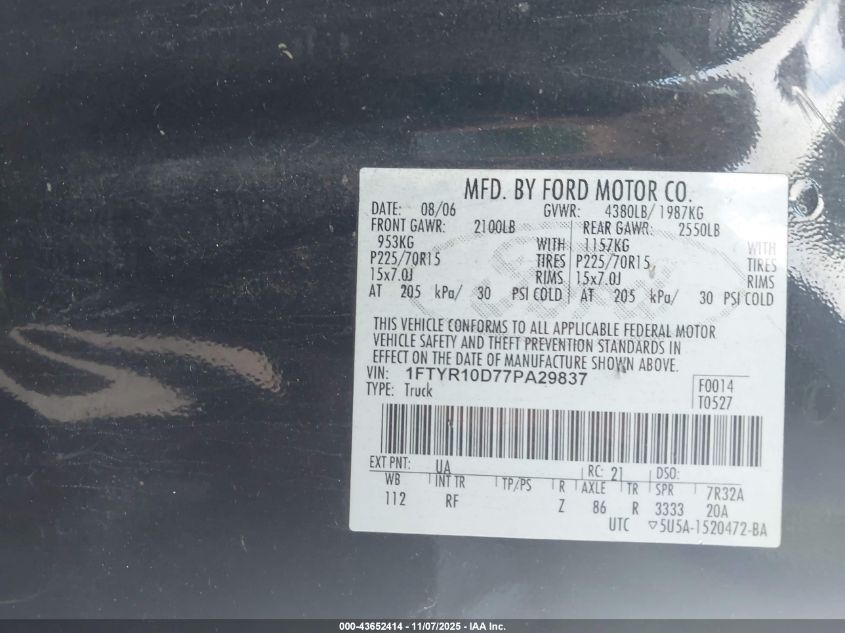 2007 Ford Ranger Stx/Xl/Xlt VIN: 1FTYR10D77PA29837 Lot: 43652414