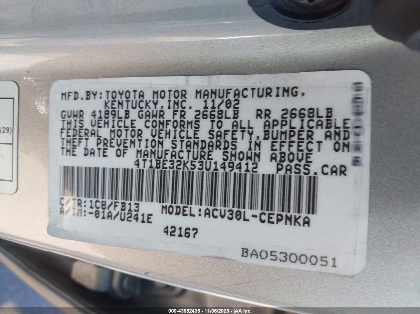 2003 Toyota Camry Le VIN: 4T1BE32K53U149412 Lot: 43652435