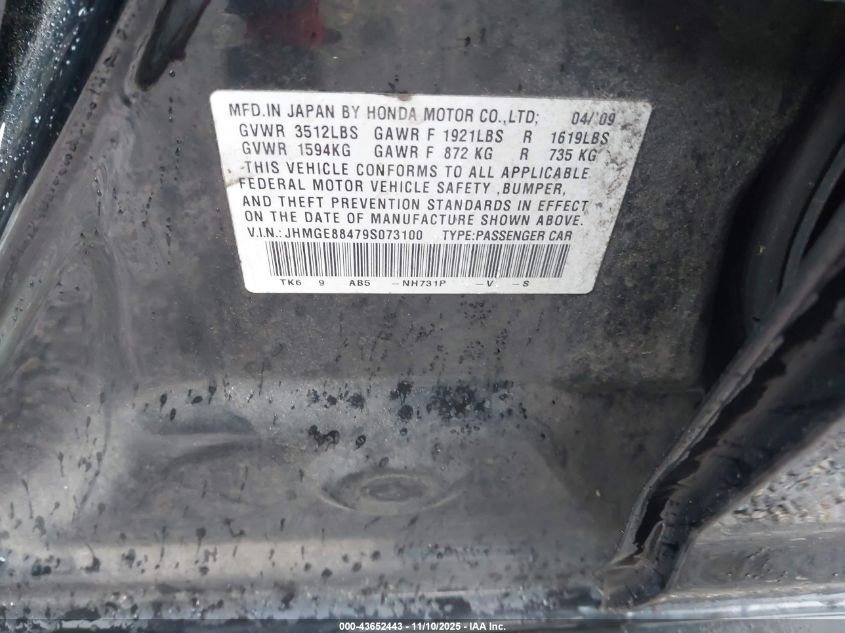 2009 Honda Fit Sport VIN: JHMGE88479S073100 Lot: 43652443