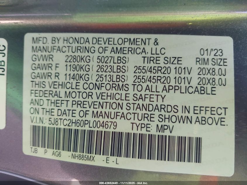 2023 Acura Rdx A-Spec Package VIN: 5J8TC2H60PL004679 Lot: 43652449