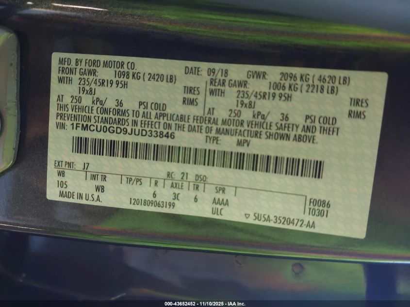 2018 Ford Escape Se VIN: 1FMCU0GD9JUD33846 Lot: 43652452