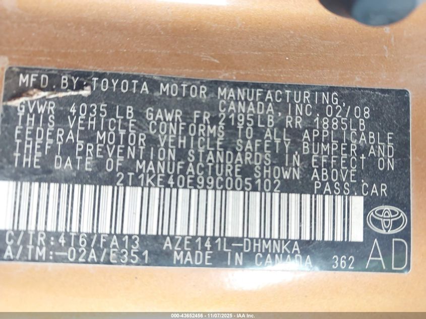 2009 Toyota Matrix S VIN: 2T1KE40E99C005102 Lot: 43652456