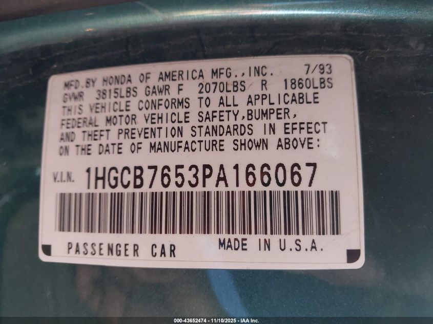 1993 Honda Accord Lx VIN: 1HGCB7653PA166067 Lot: 43652474
