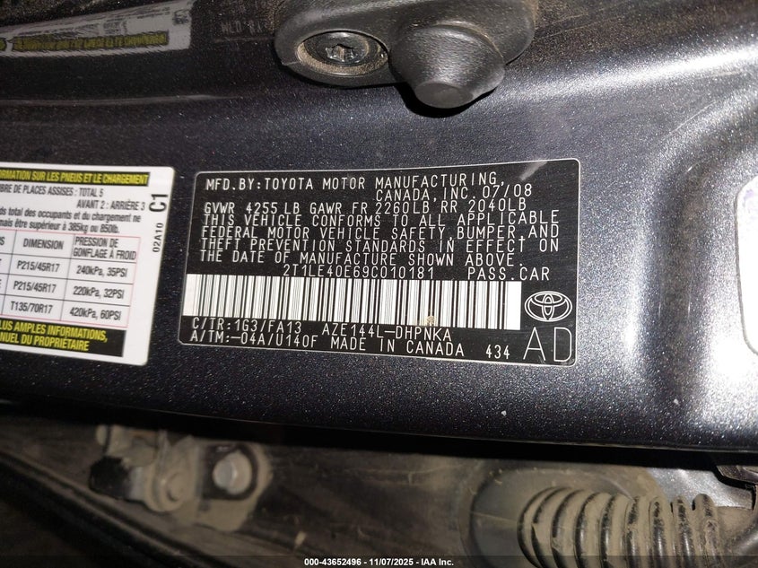 2009 Toyota Matrix S VIN: 2T1LE40E69C010181 Lot: 43652496