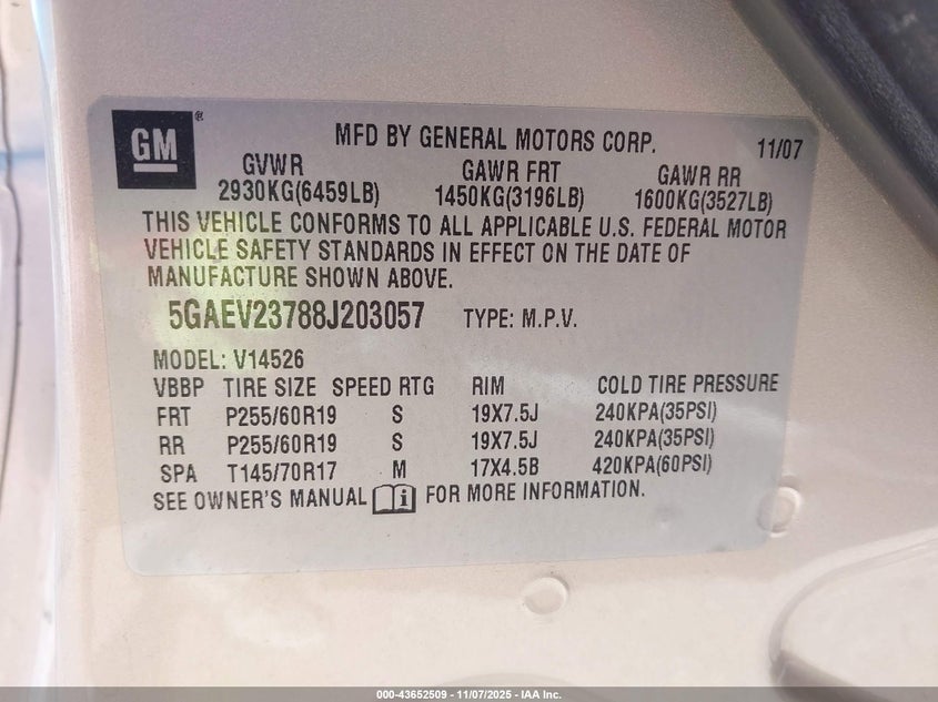 5GAEV23788J203057 2008 BUICK ENCLAVE photo no. 9