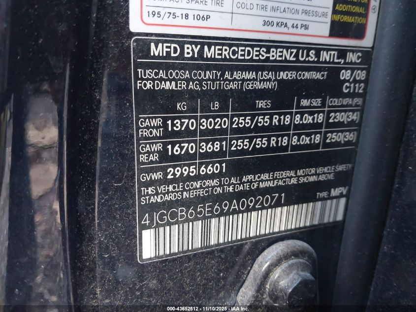 2009 Mercedes-Benz R 350 4Matic VIN: 4JGCB65E69A092071 Lot: 43652512