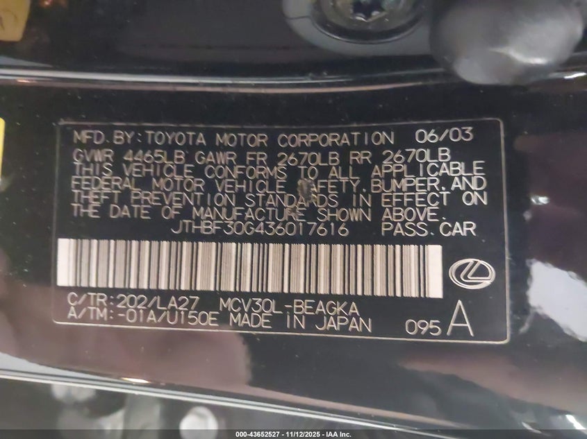 JTHBF30G436017616 2003 LEXUS ES photo no. 8