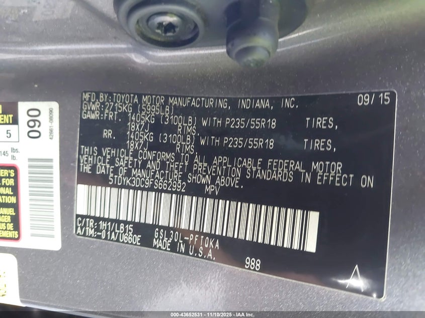 5TDYK3DC9FS662992 2015 TOYOTA SIENNA photo no. 9