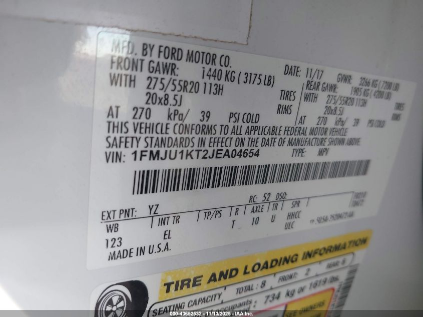 2018 Ford Expedition Limited VIN: 1FMJU1KT2JEA04654 Lot: 43652532