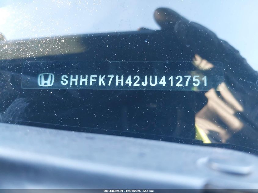 2018 Honda Civic Sport VIN: SHHFK7H42JU412751 Lot: 43652539