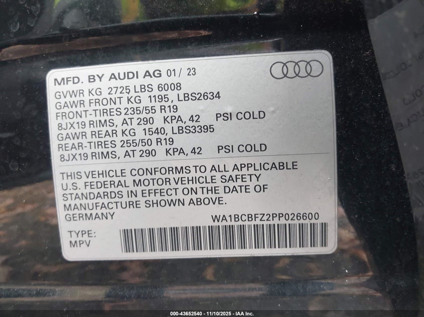 2023 Audi Q4 E-Tron Premium Plus 40 Rwd VIN: WA1BCBFZ2PP026600 Lot: 43652540
