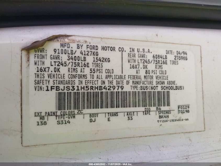 1994 Ford Econoline E350 Super Duty VIN: 1FBJS31H5RHB42979 Lot: 43652552