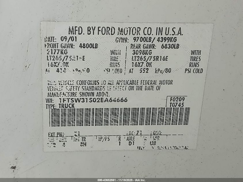 2002 Ford F-350 Lariat/Xl/Xlt VIN: 1FTSW31S02EA64666 Lot: 43652561