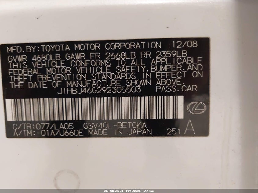 JTHBJ46G292305503 2009 LEXUS ES photo no. 9