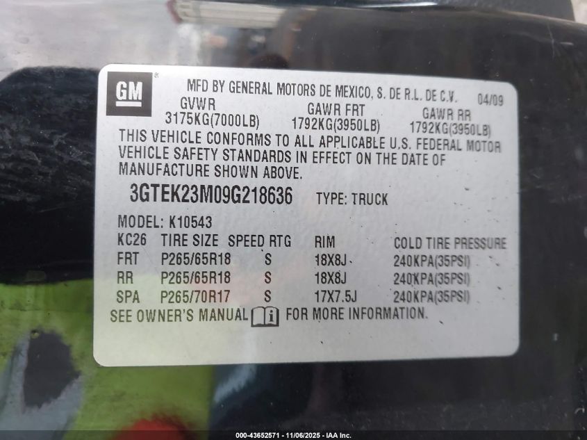 2009 GMC Sierra 1500 Sle VIN: 3GTEK23M09G218636 Lot: 43652571