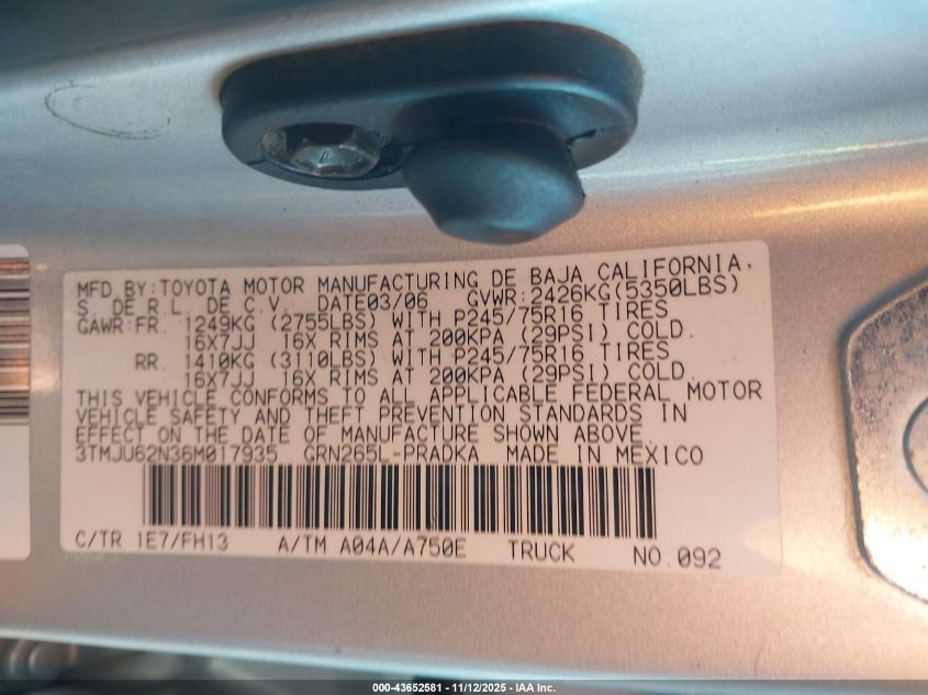 2006 Toyota Tacoma Prerunner V6 VIN: 3TMJU62N36M017935 Lot: 43652581
