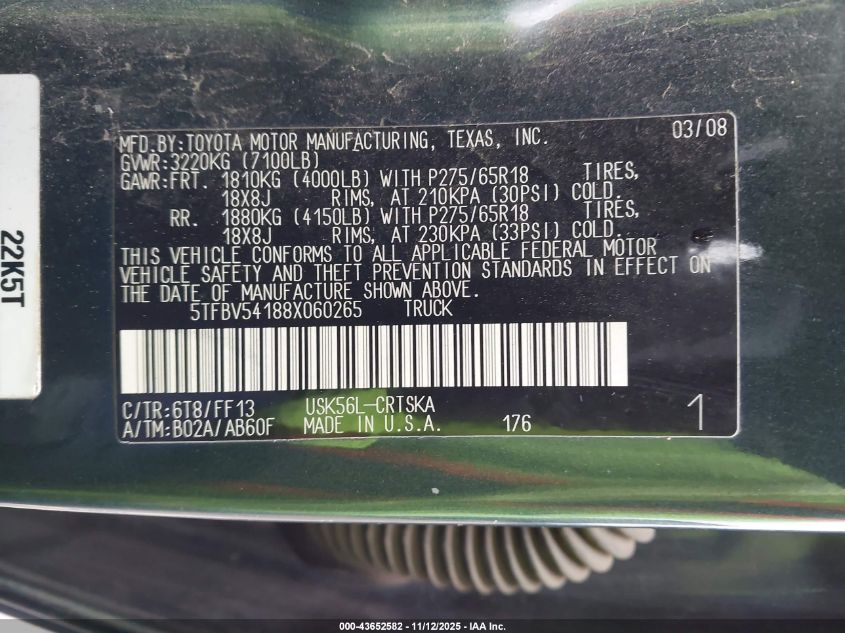 2008 Toyota Tundra Sr5 5.7L V8 VIN: 5TFBV54188X060265 Lot: 43652582