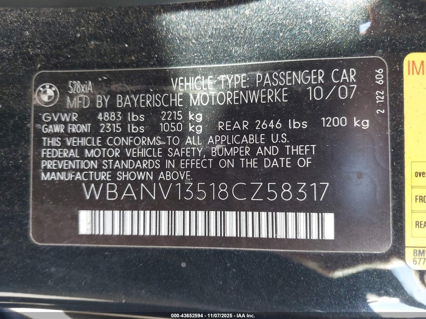 2008 BMW 528Xi VIN: WBANV13518CZ58317 Lot: 43652594
