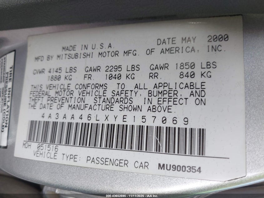 2000 Mitsubishi Galant Es V6/Gtz VIN: 4A3AA46LXYE157069 Lot: 43652595