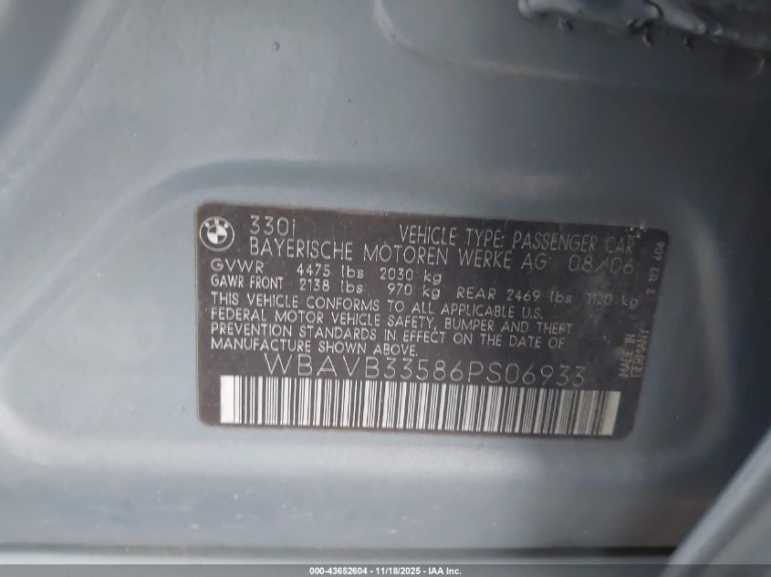 2006 BMW 330I VIN: WBAVB33586PS06933 Lot: 43652604
