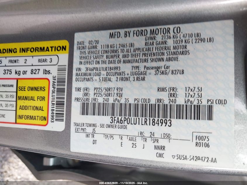 2020 Ford Fusion Hybrid Se VIN: 3FA6P0LU1LR184993 Lot: 43652609